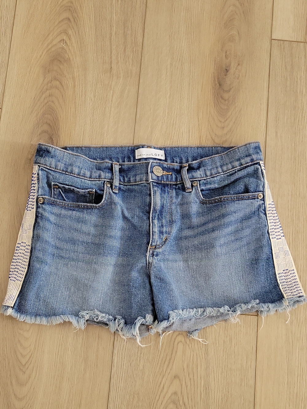 LOFT Light Blue Denim Cutoff Shorts with Embroidered Side Panels